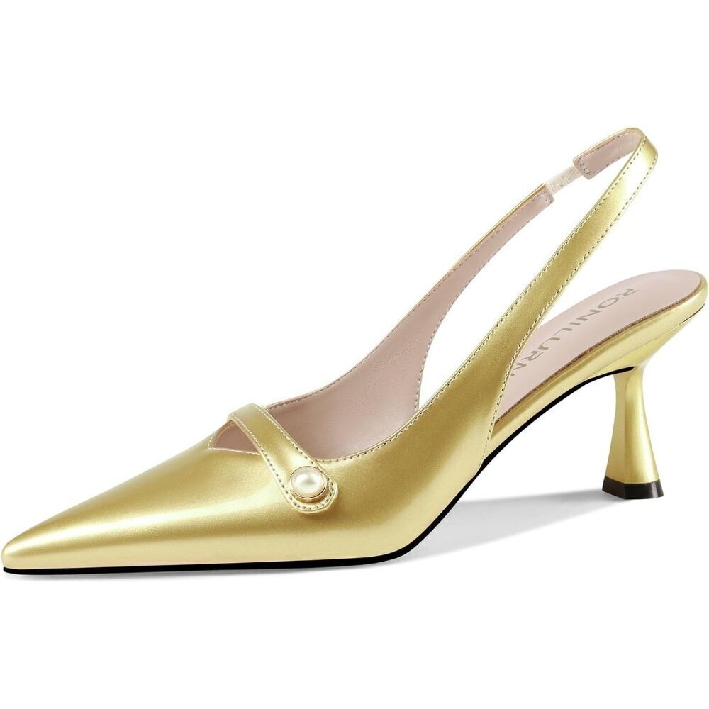🆕Gold Faux Leather Kitten Heel Slingback Pumps Closed Toe Pearl Heels for Women